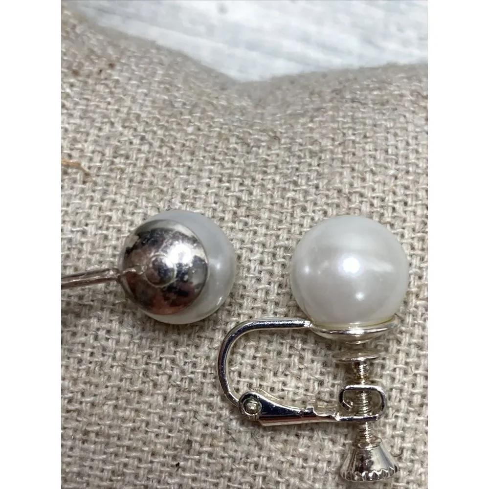 Pearl Clip-on Silver Tone EARRINGS‎ Faux imitation NWOT